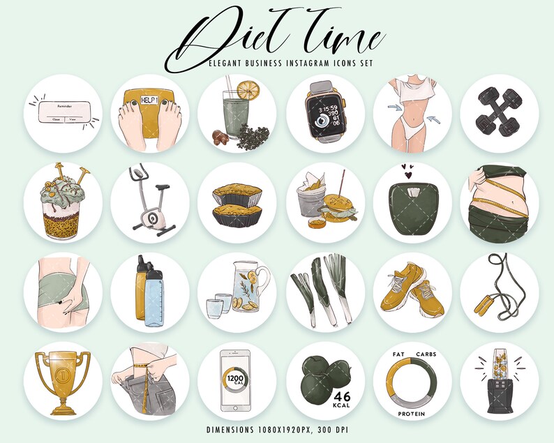 May include: A set of 16 colorful Instagram story icons for a diet and fitness business. The icons feature images of food, exercise equipment, and motivational quotes. The icons are designed in a modern, minimalist style.