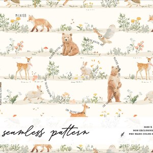 May include: A seamless pattern featuring woodland animals such as foxes, bears, deer, rabbits, and owls. The design includes floral and plant elements in a soft color palette. The text "MILATOO" and "seamless pattern" are visible.