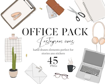 45 Business Instagram Story highlight icons Home Office Pack | Watercolor student, remote work logo, distance school clipart Work from home