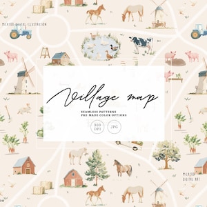 Puede incluir: Ilustración en acuarela de un mapa de pueblo con animales de granja, molinos de viento y casas. El mapa presenta un fondo beige con una red de carreteras y varios elementos rurales. El texto "Village map" se muestra en cursiva.