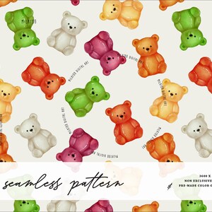 May include: A repeating pattern of watercolor teddy bears in various colors, including green, white, orange, yellow, and pink, on a cream background. The bears are scattered across the surface. The words "seamless pattern" are at the bottom.