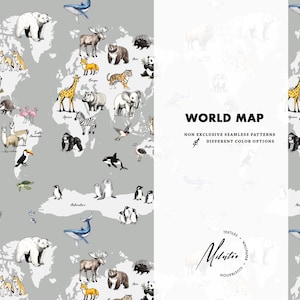 Modello di mappa del mondo, tessuto per vivaio con animali, leone, tigre, orsi, cervi, delfini, elefanti, fauna selvatica, motivo ripetuto senza soluzione di continuità, non esclusivo