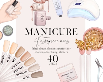 Nails clipart beauty salon logo Instagram acrylic manicure tech instagram highlight cover social media template,  nail shop tools icons set