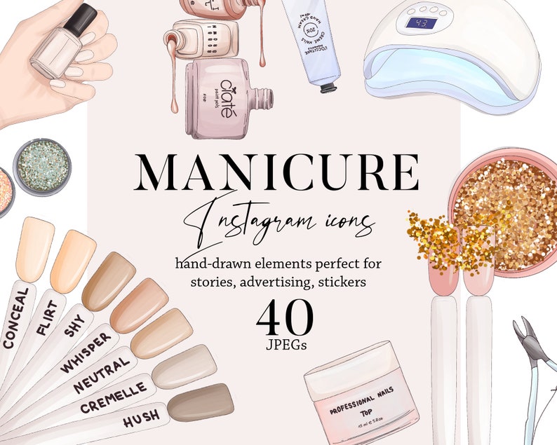 Nails clipart beauty salon logo Instagram acrylic manicure tech instagram highlight cover social media template, nail shop tools icons set image 1