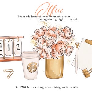 Puede incluir: Un conjunto de 65 ilustraciones digitales clipart pintadas a mano para los destacados de Instagram. Las ilustraciones presentan un calendario, una taza de café, un jarrón de flores rosas, un portapapeles y clips. Las ilustraciones están en un esquema de color rosa, dorado y blanco.