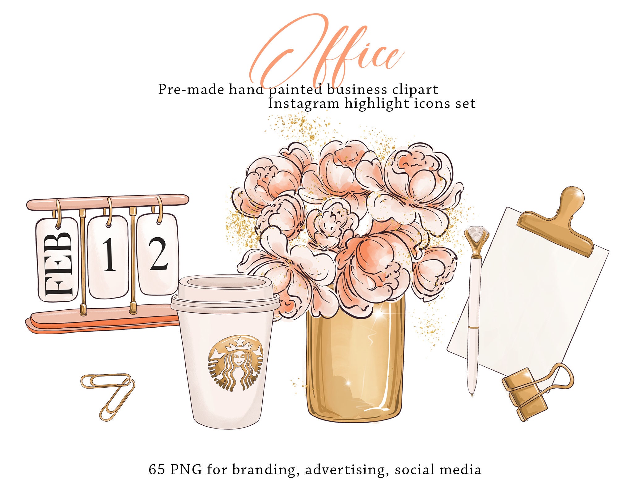 Home Office Clip Art, Pink Gold aesthetic stationery Planner Supplies, Peonies Planner Cover, Peach Peony Printable, Girly Chic Bow Graphics