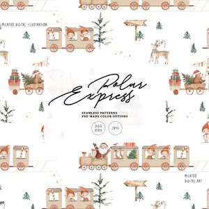 Può includere: Illustrazione ad acquerello con un motivo ripetuto di un treno Polar Express con Babbo Natale, elfi e un orso. Il design include alberi di Natale, renne e il testo "Polar Express".