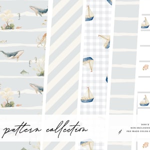 Underwater animals pattern, baby whales, turtle, octopus, seahorse, coral reefs, tropical fish, ocean nursery, marine aquatic collection