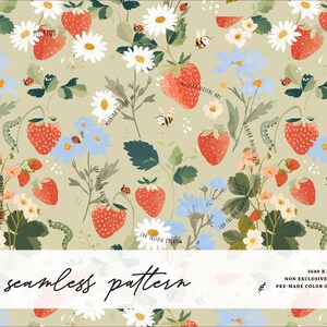 May include: A seamless pattern featuring red strawberries, white daisies, blue flowers, and bees on a light green background. The design includes ladybugs and caterpillars, with the text "seamless pattern" at the bottom.