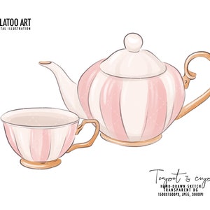 Könnte beinhalten: Digitale Illustration einer rosa-weiß gestreiften Teekanne und Teetasse. Die Teekanne hat einen gebogenen Ausguss und Henkel, und die Teetasse hat ein passendes Design. Die Illustration trägt die Bezeichnung "MILATOO ART" und "Teapot & cups".