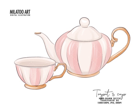 Watercolor Teapot and Teacup Clipart Watercolor Ceramic Kettle