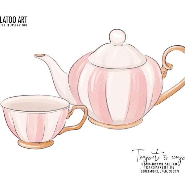 Watercolor Teapot and Teacup Clipart, Watercolor ceramic kettle mug vintage art, traditional porcelain pottery Digital Download, clay  PNG