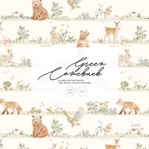以下が含まれることがあります： クマ、シカ、キツネ、ウサギ、フクロウなどの森の動物のイラストが繰り返されるパターン。 デザインには花の要素と「Green Comeback」のテキストが含まれています。 イラストは柔らかく落ち着いた色を使用しています。