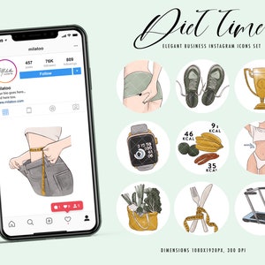 May include: A set of nine Instagram icons for a diet and fitness business. The icons feature illustrations of a woman measuring her waist, a trophy, a smartwatch, a plate with a fork and knife, a treadmill, a woman in a sports bra and underwear, an avocado, a cocoa pod, and a bag of vegetables. The text "Diet Time" and "Elegant Business Instagram Icons Set" are also included in the image.