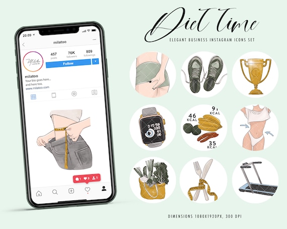 Diet and nutrition clipart, weight loss Instagram highlight icons, healthy food daily routine PNG. Calorie deficit keto diet carbs vegan PNG
