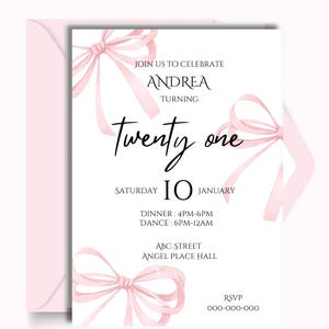 Pink Coquette Bow 21st Birthday Invitation Fancy, Bow Invite, Elegant 21st Birthday Invitation - Pink Bow Design, Personalized Milestone