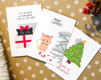 Cute Cat Christmas Card Set | Cat Holiday Cards, Cute Card Pack, Punny Holiday Cards, Assorted Card Set, Meowy Christmas, Catmas, Cat Card