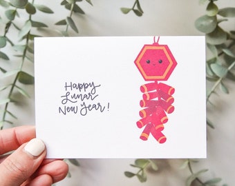 Cute Lunar New Year Card with Firecracker | Happy Lunar New Year, Chinese New Year Card, Chinese Greeting Card, Lunar New Year