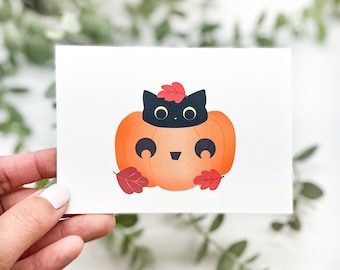 Cute Black Cat Card | Cute Halloween Card, Black Cat, Cat in Pumpkin, Cute Black Cat Card, Black Cat Card, Cute Cat, Spooky Season Card