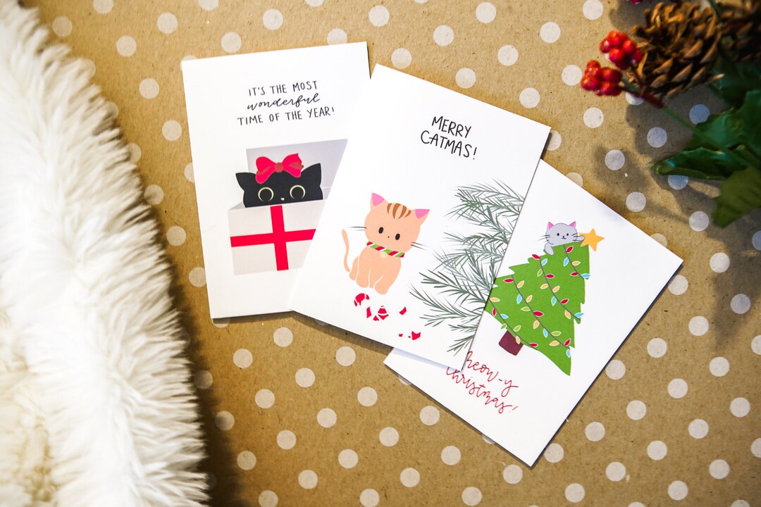 Cute Cat Christmas Card Set | Cat Holiday Cards, Cute Card Pack, Punny ...