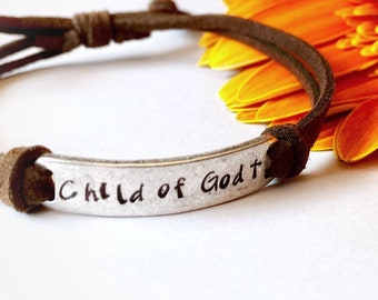 Child of God Bracelet, Stainless Steel Bar Bracelet Faith Gift, Hand Stamped Leather Bracelet, Christian Renewal Bracelet, Gifts under 30