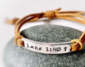 Luke 1:45 Leather Bracelet, Christian Bible Verse Jewelry