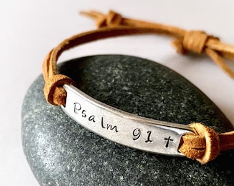 Psalm 91 Bracelet: Hand Stamped Christian Faux Leather Jewelry