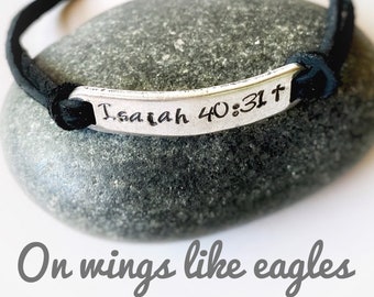 Hand Stamped Isaiah 40:31 Stainless Steel Leather Bracelet