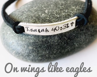 Bible Verse Bracelet, Isaiah 40:31, hand stamped stainless steel bracelet, Christian jewelry, leather wrap bracelet, scripture life verse