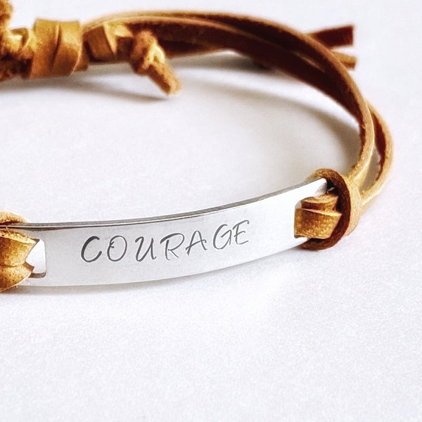 Courage Bracelet, hand stamped leather bracelet, mantra bracelet, word of the year, meditation gift, leather bracelet, cancer survivor