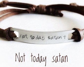 Not Today Satan Bracelet, Adjustable leather hand stamped id bracelet, Christian jewelry for men or women, leather wrap bracelet