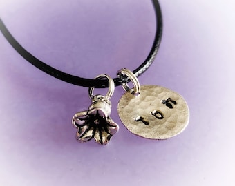 Hesed Necklace: Hand Stamped Hebrew Pewter Charm with Flower