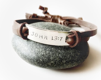 Mens Leather Bible Verse Bracelet, Stainless Steel Christian Gift
