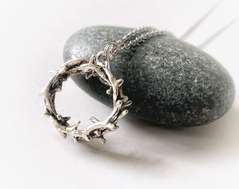 Silver Crown of Thorns Pendant: Pewter Christian Necklace