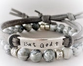 But God, Adjustable Faux Leather Bracelet, Hand Stamped Pewter, Christian Bracelets for Women or Men Religious gifts under 30