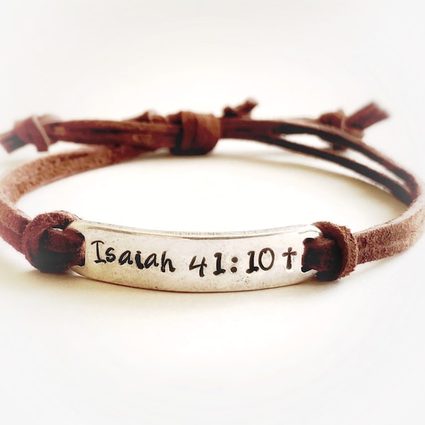 Bible Verse Bracelet, personalized leather bar bracelet, Isaiah 41:10, life verse ID bracelet, boho wrap bracelet