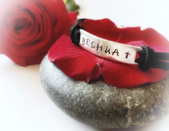 Yeshua Bracelet: Hand Stamped Christian Jewelry, Adjustable Leather Cord