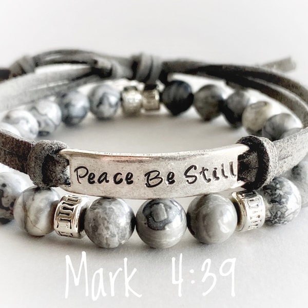 Peace Be Still, Mark 4:39, hand stamped scripture bracelet, personalized id bracelet, bible verse, stainless steel, beads sold separately