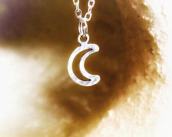 Crescent Moon Charm Necklace, hand hammered pewter moon, silver crescent moon, unisex stainless steel necklace, mystical jewelry, Luna