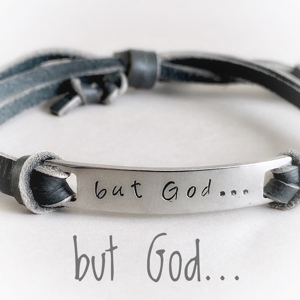 But God, Adjustable Leather Bracelet, Hand Stamped Stainless Steel, Christian Jewelry, cancer survivor gift