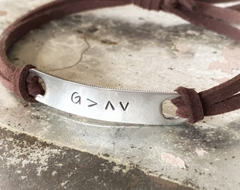 God Is Greater Than The Highs And Lows Bracelet, Adjustable leather hand stamped bracelet, Christian jewelry for men or women