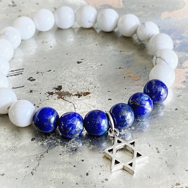 Star of David stretch bracelet, blue & white stone bracelet, Magen David, lapis lazuli, howlite, white jade, Judaica