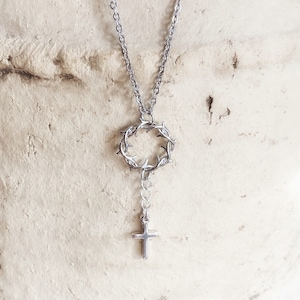 Silver Crown of Thorns and Cross Necklace, Dainty Crown of Thorns with Cubic Zirconia Accents, Spiritual Gift for Her