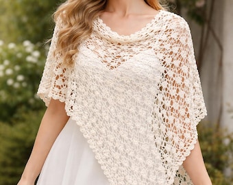Crochet cotton shawl, cream color wedding scarf, vintage style shawl.