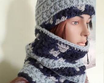 Handmade crochet women's winter hat and neck warmer set in 100% bulky wool