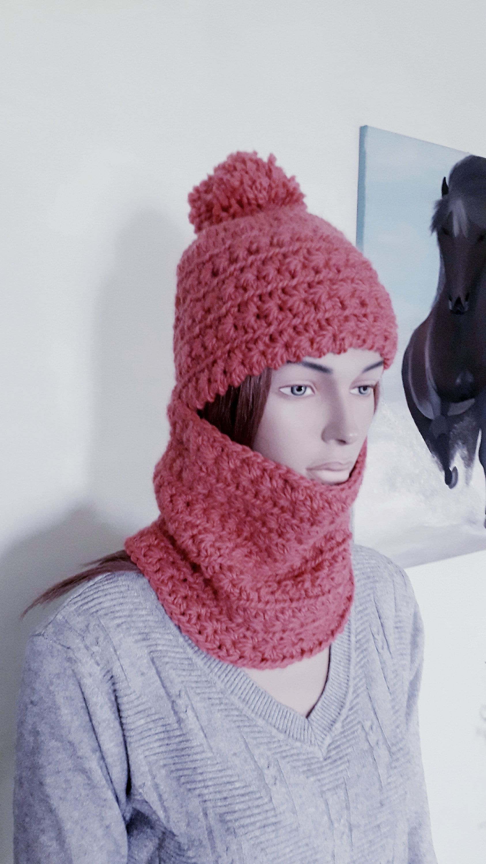 delicate and soft to the touch and on the skin handmade crochet Women's bulky wool and alpacas winter hat and neck warmer