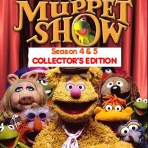 May include: A DVD cover for The Muppet Show Season 4 & 5 Collector's Edition featuring Fozzie Bear in the center wearing a polka dot tie, surrounded by Miss Piggy, Kermit the Frog, and other Muppet characters against a red curtain background.