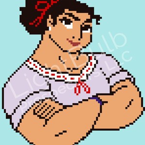 May include: A pixelated illustration of a woman with brown hair tied up in a bun with a red ribbon. She is wearing a light purple shirt with a red and white trim. She has a confident expression and her arms are crossed.