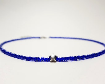 Blue choker necklace Dainty choker Star beaded necklace choker Beach choker Boho necklace Choker collar Silver star necklace choker