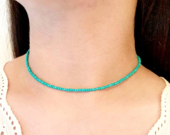 Turquoise Seed Bead Choker: Dainty Glass Beaded Necklace